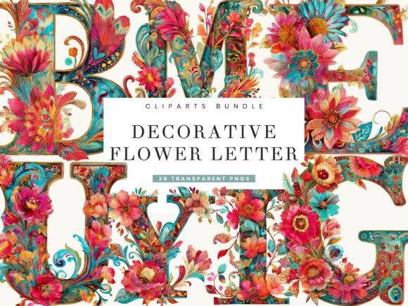 Decorative Flower Alphabet Letter: Elegant Watercolor Clipart